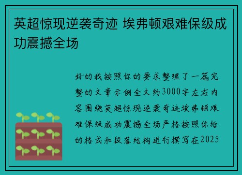 英超惊现逆袭奇迹 埃弗顿艰难保级成功震撼全场