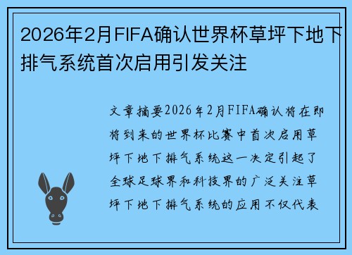 2026年2月FIFA确认世界杯草坪下地下排气系统首次启用引发关注